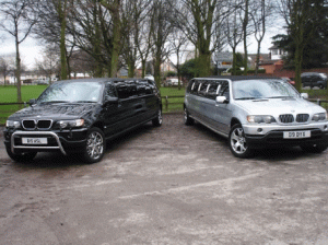 Chauffeur stretched silver and black BMW X5 limousine hire in London.