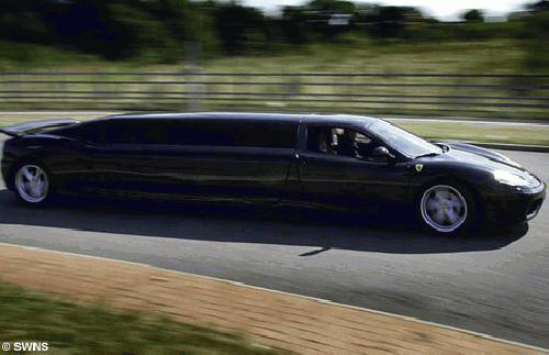 Chauffer stretched black Ferrari F1 360 limo hire in the London. The worlds fastest limousine!